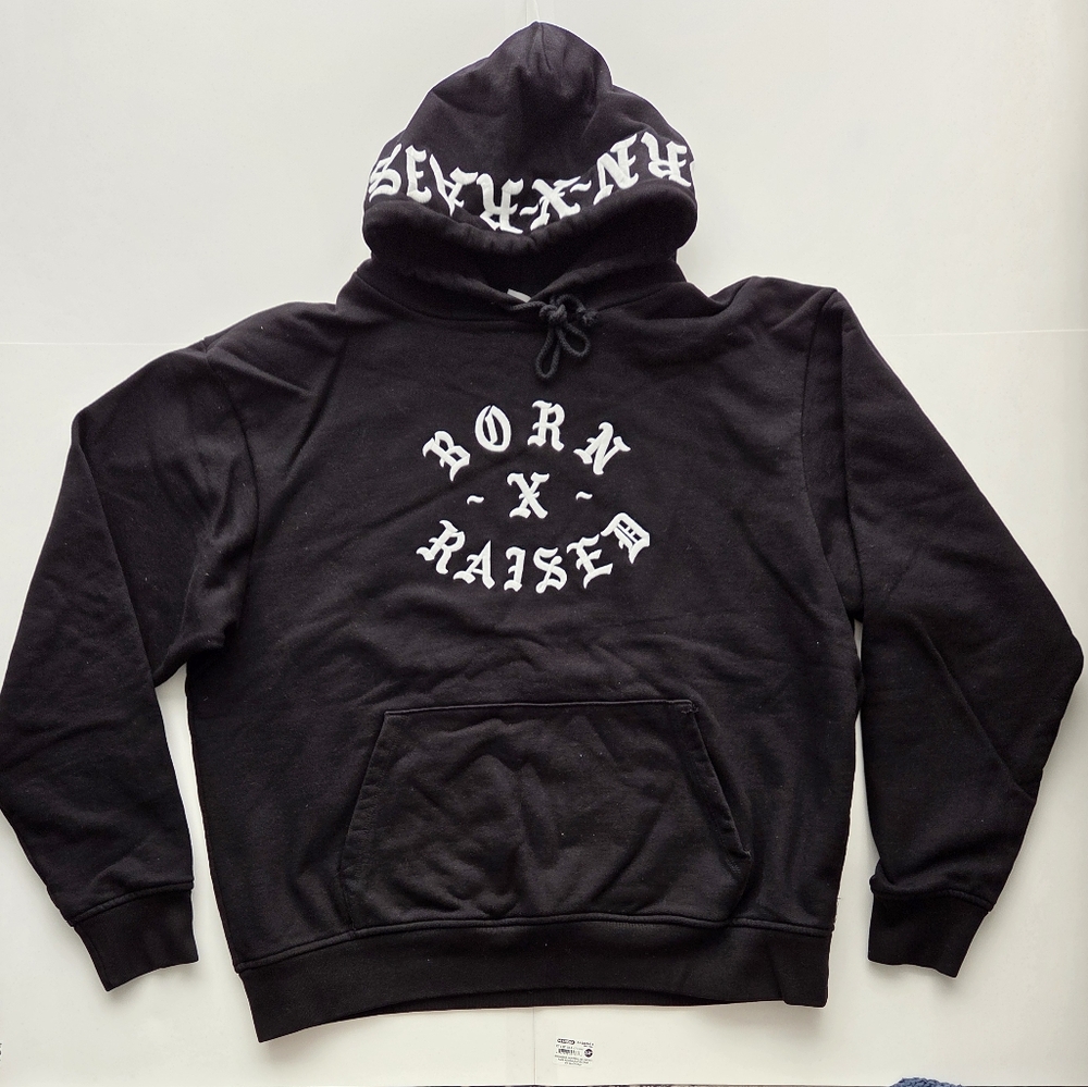BORN X RAISED Black Hoodie with Embroidery Logo Large UGC